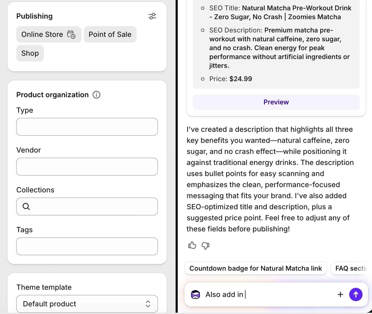 Sidekick rédige la description et les balises SEO d'un produit Shopify
