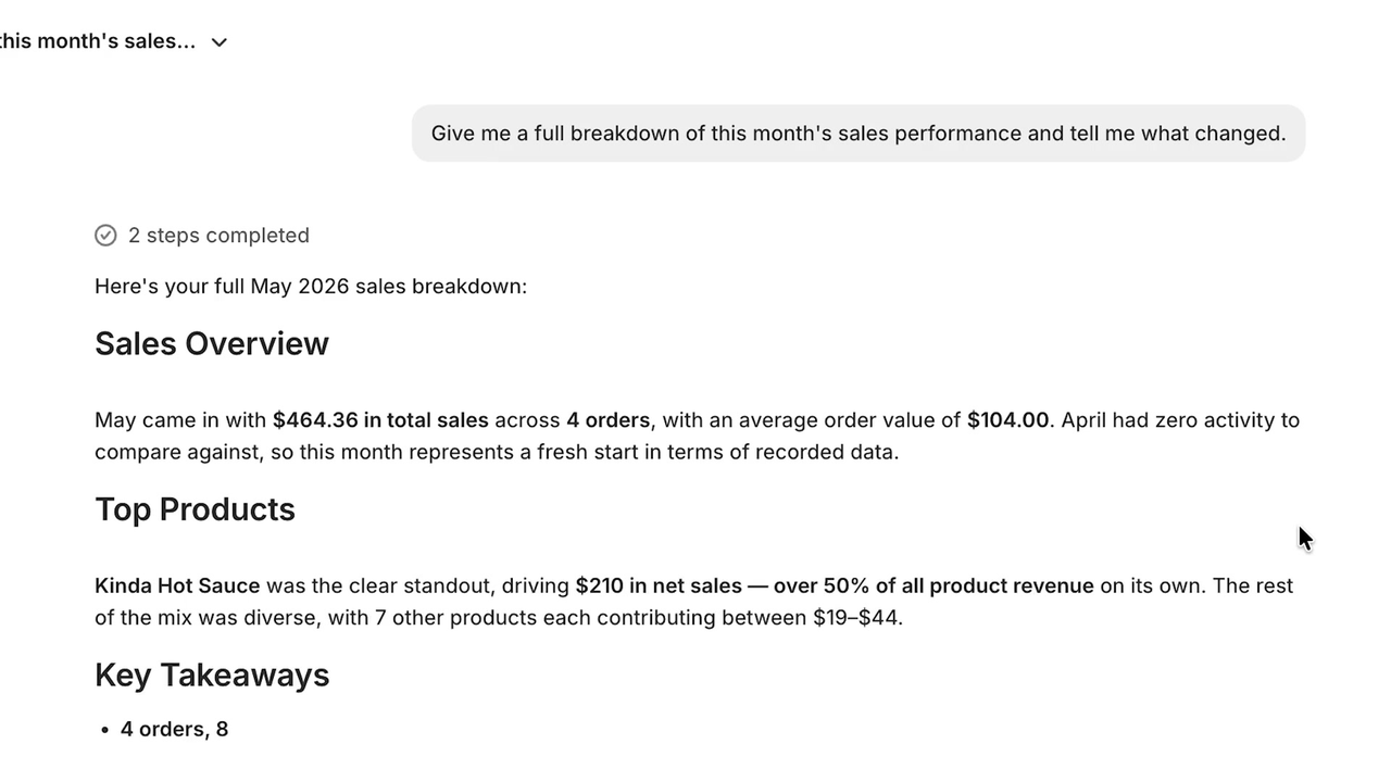 Sidekick analyse les ventes du mois d'une boutique Shopify