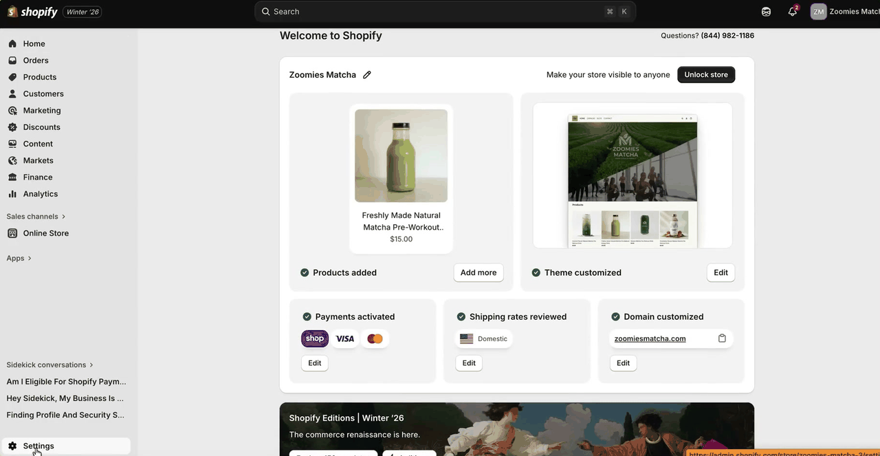 Tableau de bord d'accueil Shopify avec les étapes de configuration de la boutique