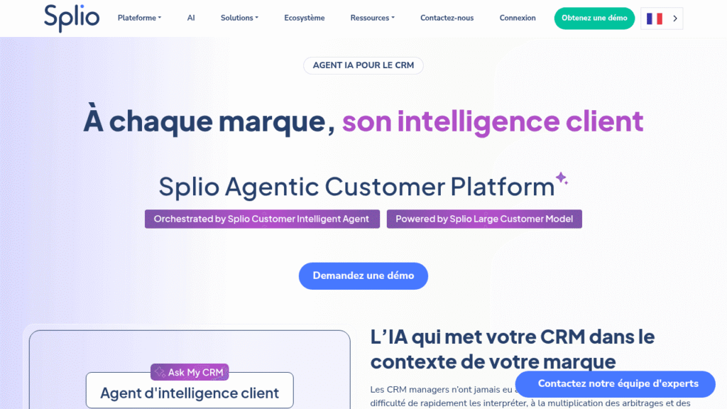 Page Large Customer Model de Splio, avec la Splio Agentic Customer Platform et l'agent Ask My CRM