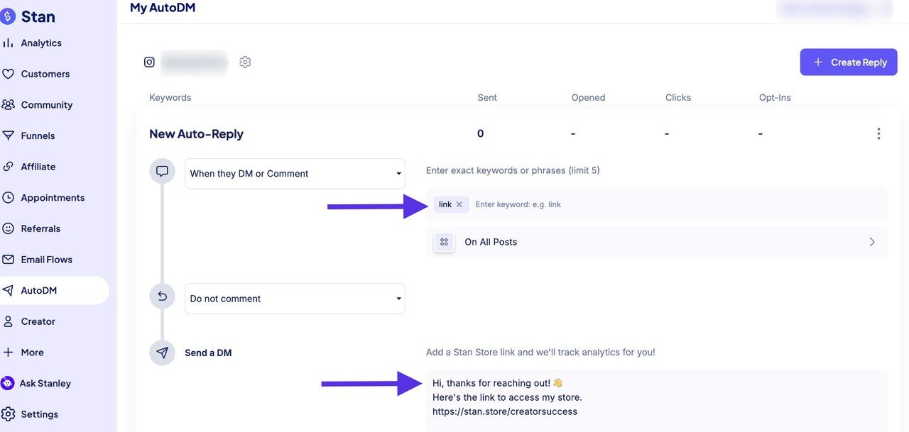 Configuration d'une réponse automatique Instagram avec Stan AutoDM