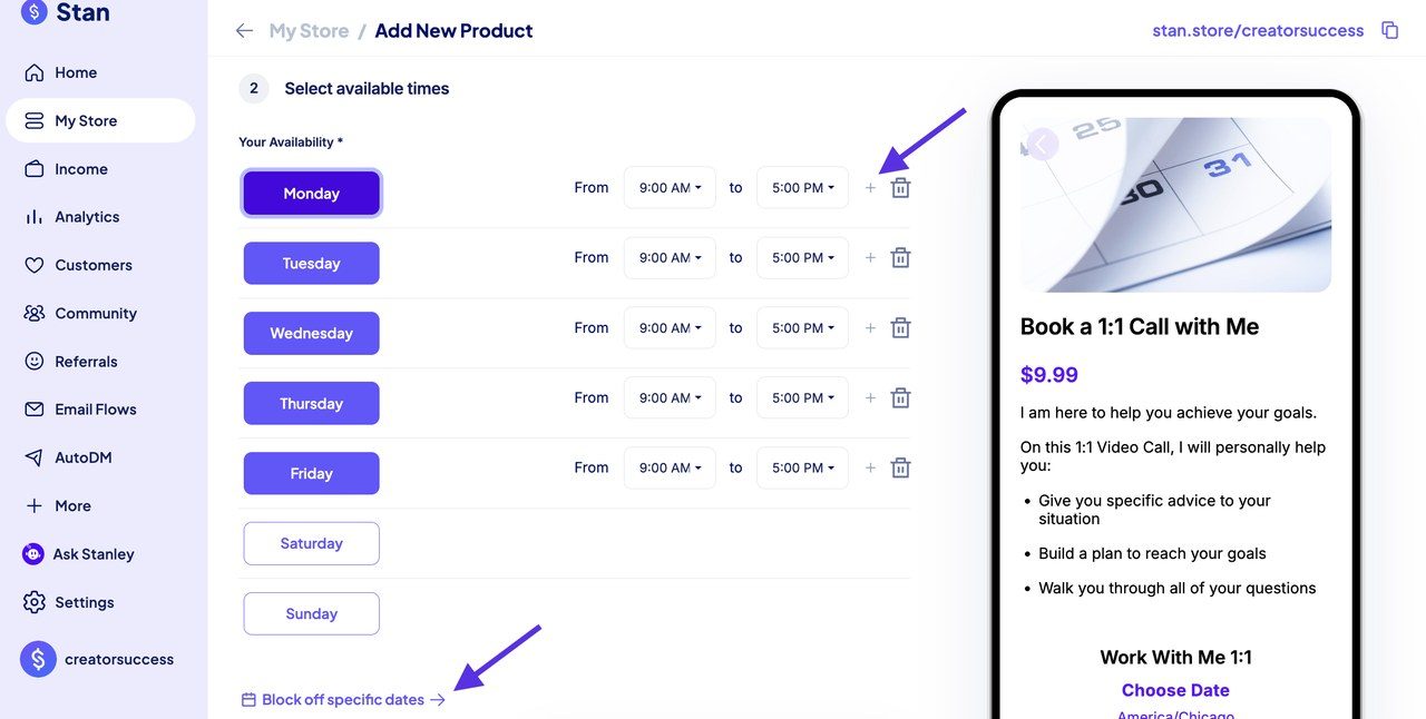 Réglage des disponibilités pour un appel de coaching dans Stan Store