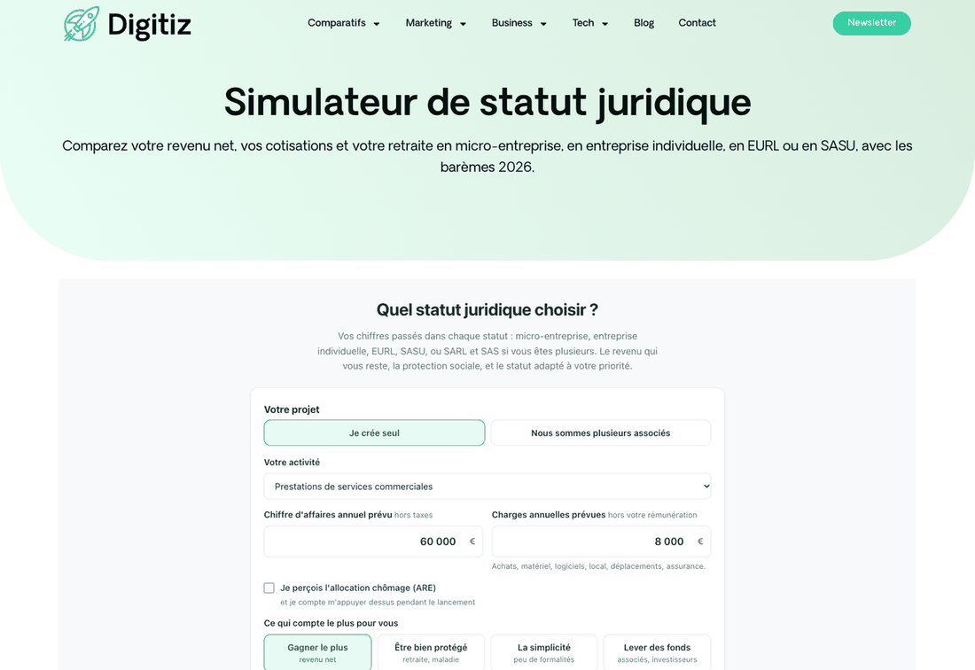Simulateur de statut juridique gratuit de Digitiz : chiffre d'affaires, frais et priorité