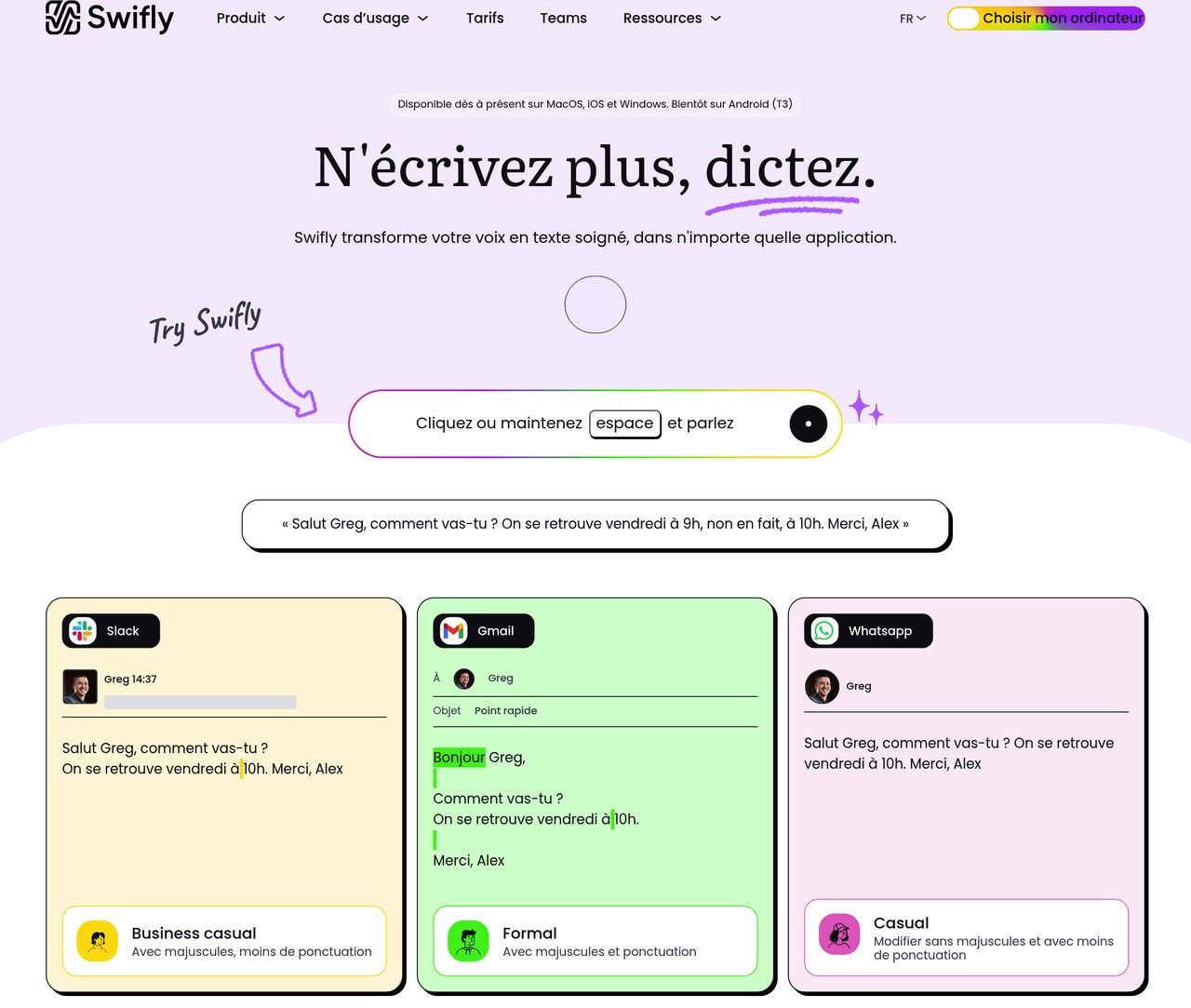 Page d'accueil de Swifly, l'application française de dictée vocale