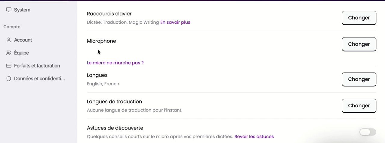Réglages de Swifly : raccourci clavier, microphone et langues de dictée