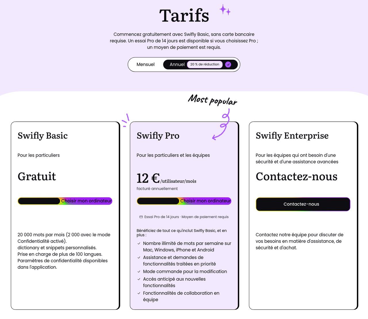 Tarifs de Swifly : Basic gratuit, Pro à 12 € par mois et Enterprise