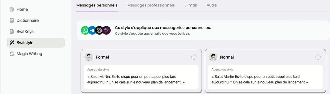 Ton « Très décontracté » choisi pour les messages personnels dans Swifly
