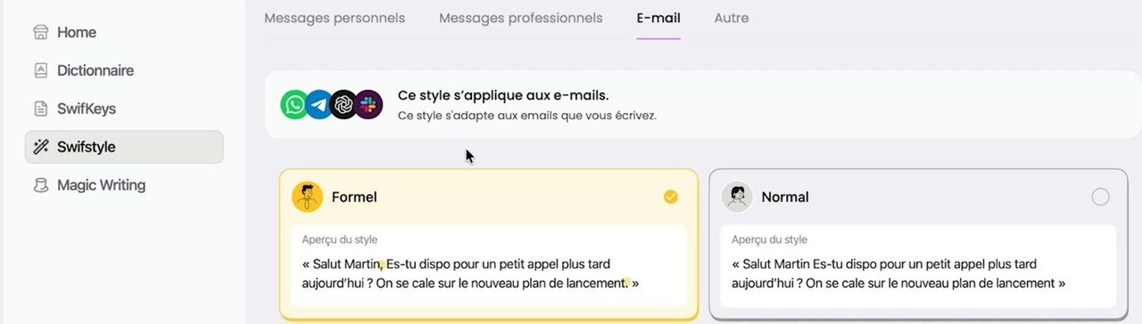 Réglage du ton par type d'application dans Swifly (Swifstyle)