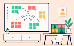 Illustration d'une équipe qui collabore sur un tableau blanc en ligne