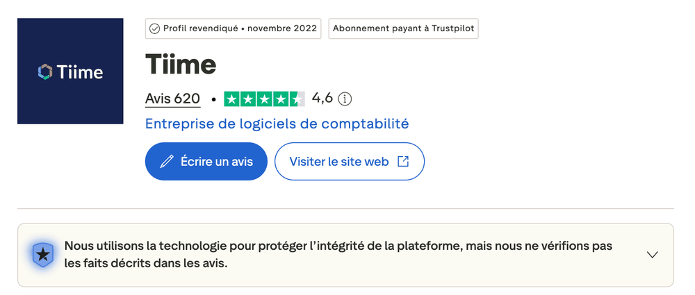 Note Trustpilot de Tiime : 4,6 sur 5 pour 620 avis