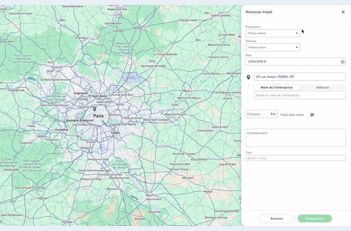 Saisie d'un trajet pour les indemnités kilométriques dans Tiime