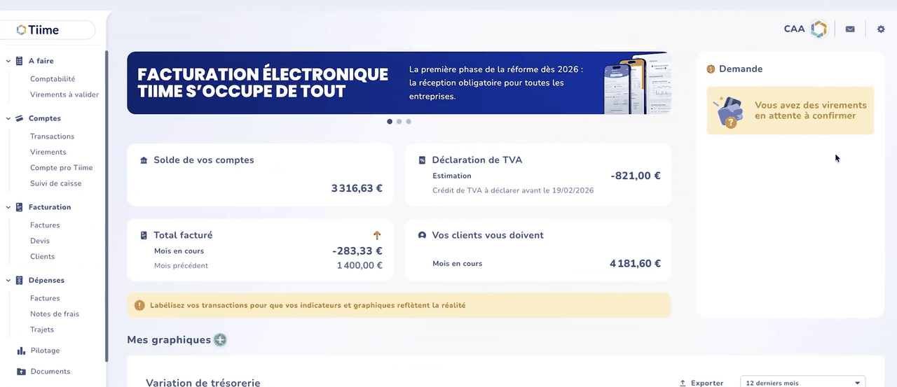 Tableau de bord Tiime : solde des comptes, estimation de TVA et chiffre d'affaires facturé