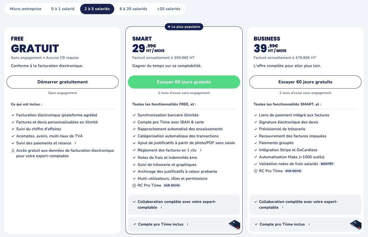 Grille tarifaire Tiime de 2 à 5 salariés : Smart à 29,99 € et Business à 39,99 € HT par mois
