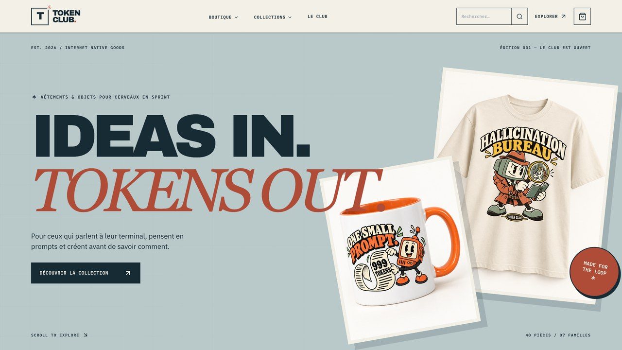Page d'accueil de la boutique Token Club