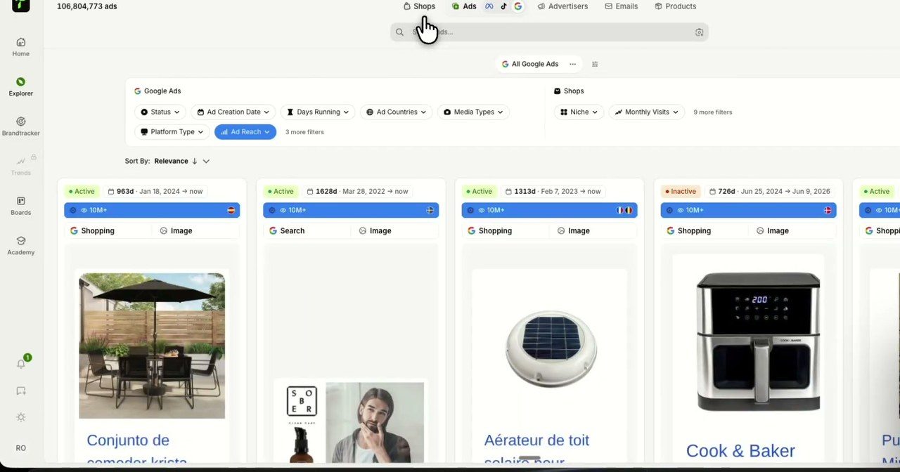 Bibliothèque Google Ads de TrendTrack avec annonces Shopping et Search