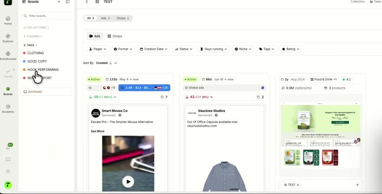 Board TrendTrack avec des publicités et des boutiques sauvegardées et classées par tags