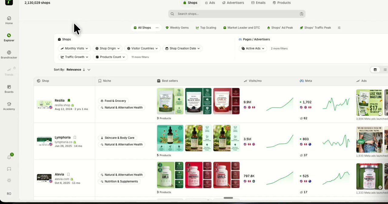 Explorateur de boutiques Shopify de TrendTrack avec filtres, best-sellers, trafic et publicités