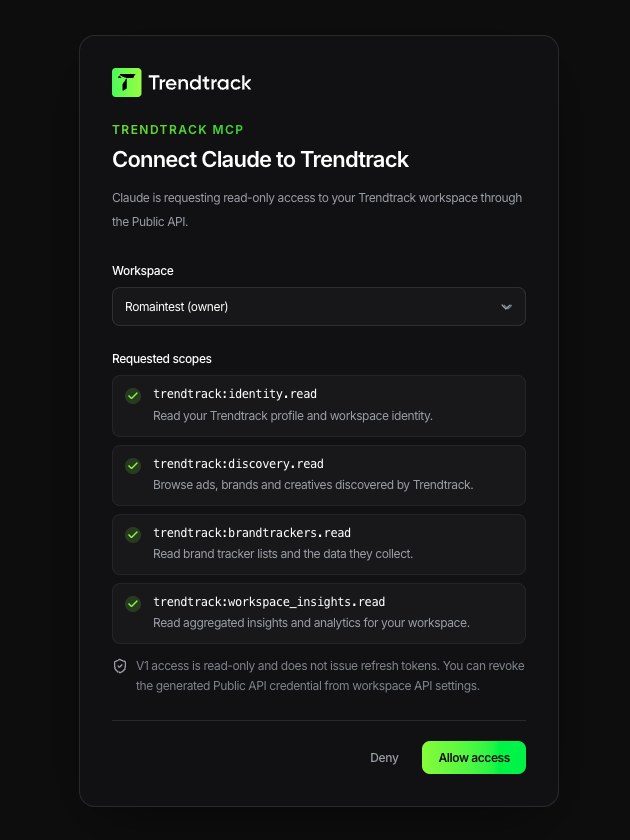 Écran d'autorisation pour connecter Claude à TrendTrack via le serveur MCP