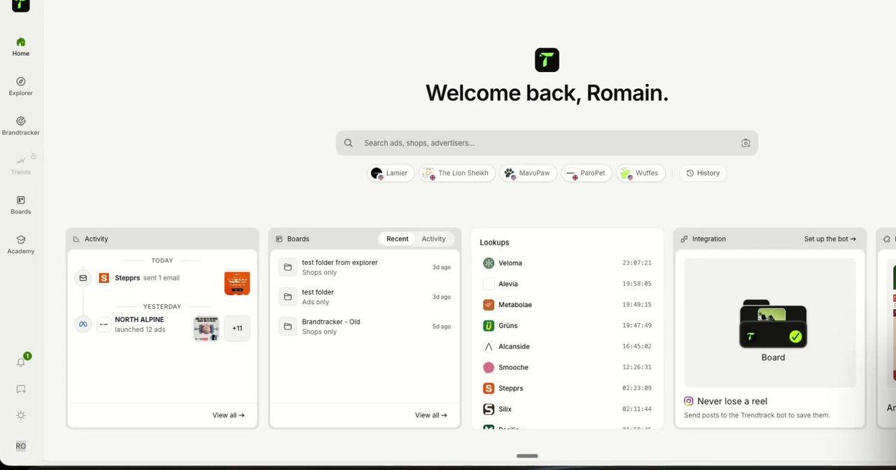 Tableau de bord d'accueil de TrendTrack avec la barre de recherche, l'activité, les boards et les lookups