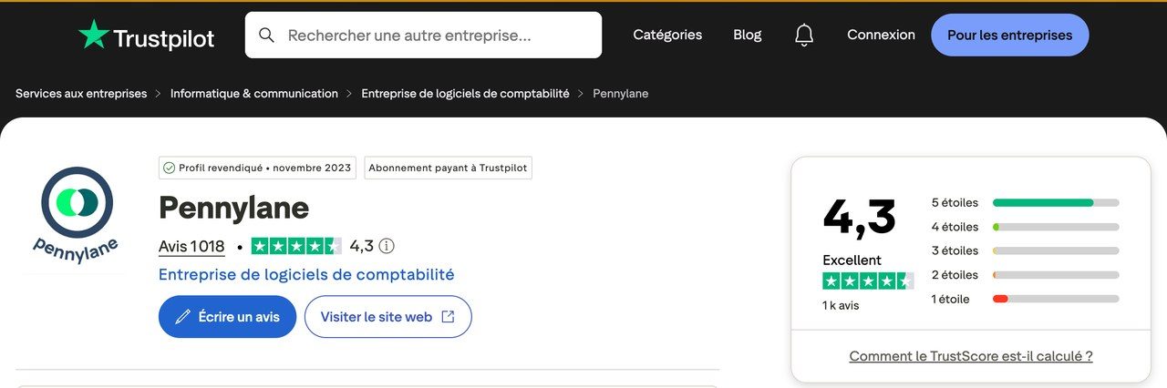 Note Trustpilot de Pennylane : 4,3 sur 5
