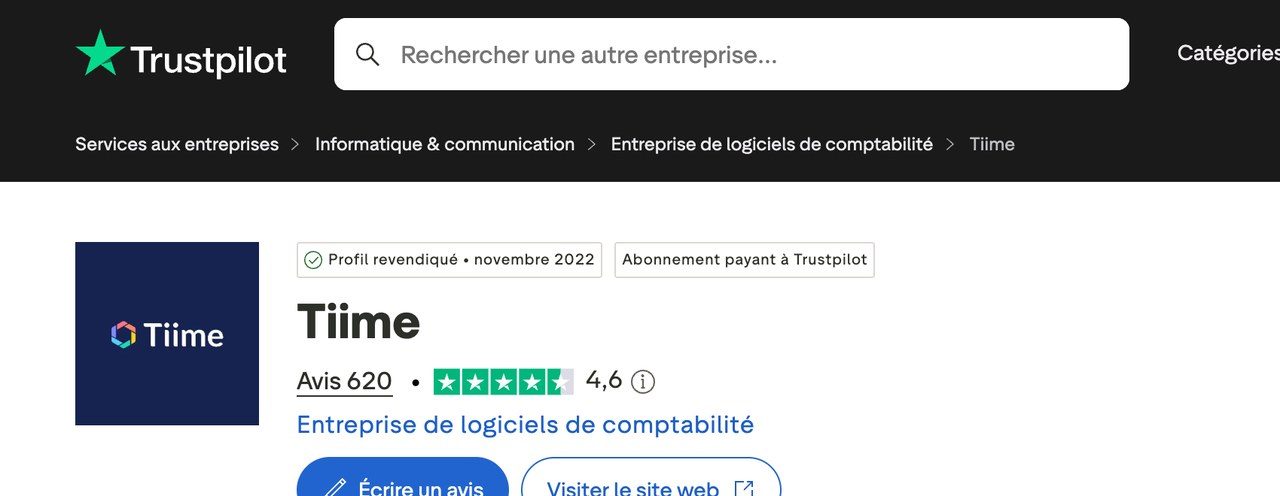 Note Trustpilot de Tiime : 4,6 sur 5