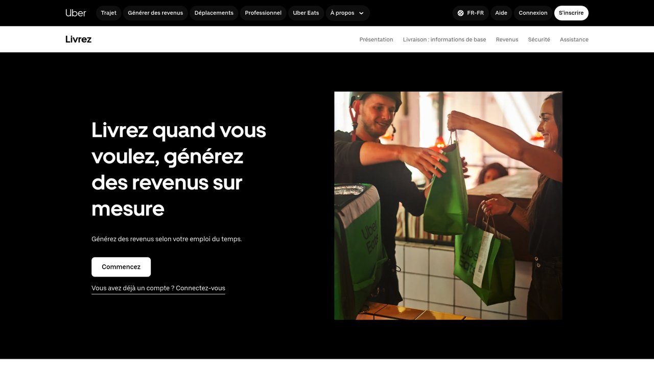 Page Uber Eats pour les livreurs, l'une des plateformes volontaires du prélèvement à la source