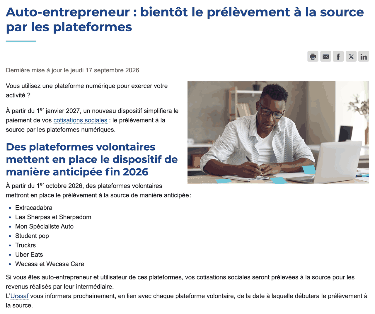 Annonce de l'Urssaf sur le prélèvement à la source par les plateformes et liste des plateformes volontaires