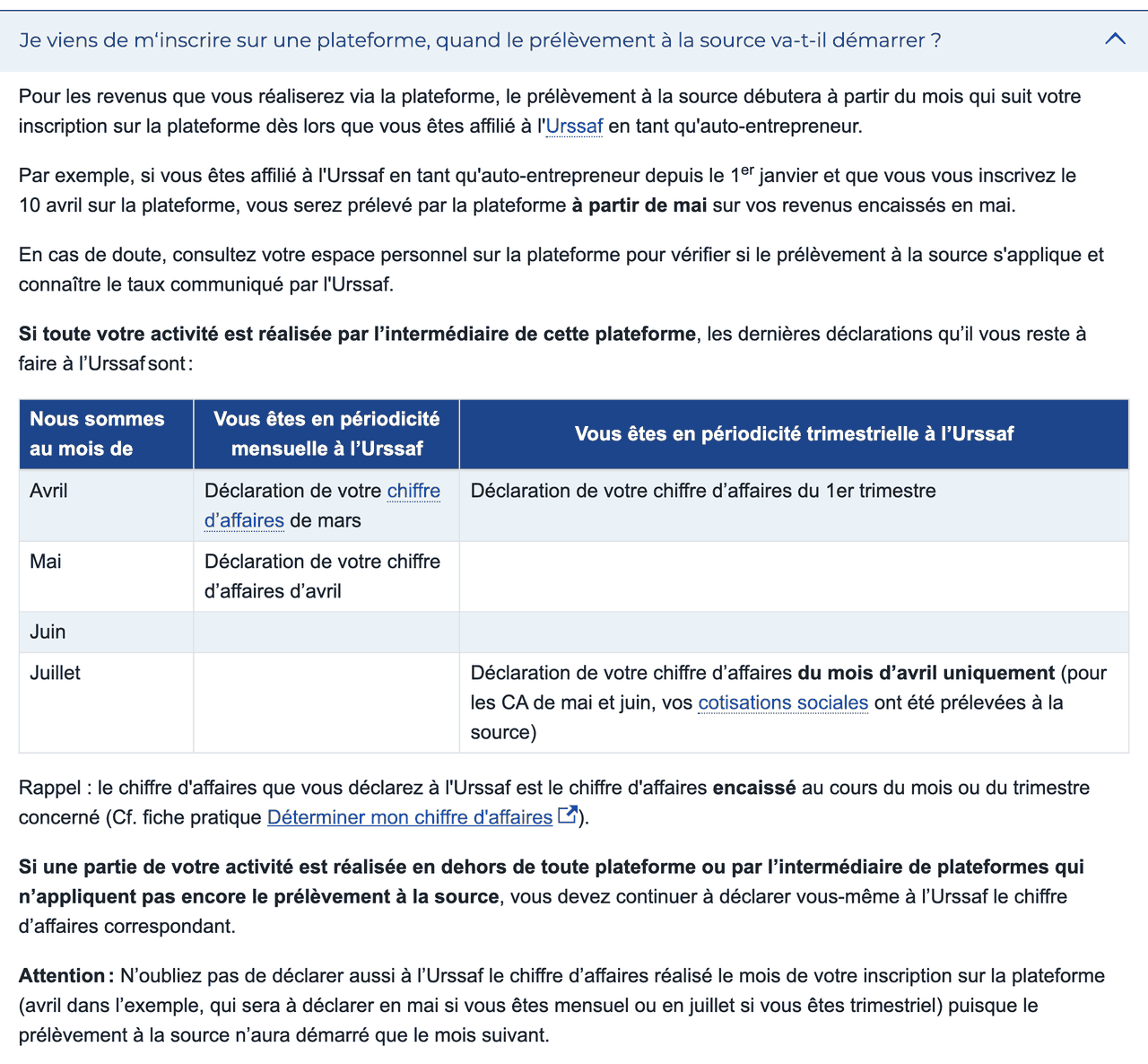 FAQ de l'Urssaf : démarrage du prélèvement à la source après l'inscription sur une plateforme et dernières déclarations