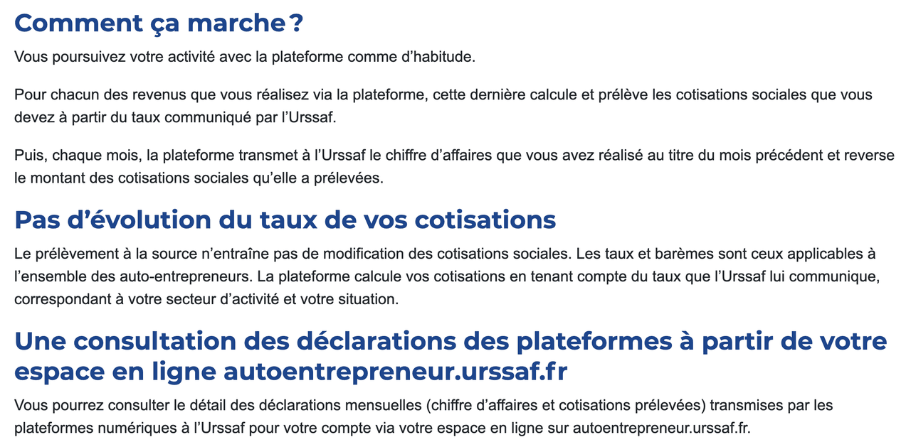 Page de l'Urssaf : fonctionnement du prélèvement à la source et taux de cotisations inchangés