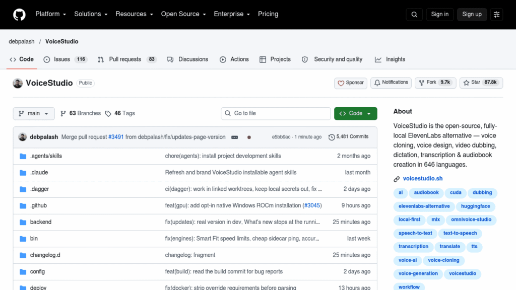 Capture d'écran du dépôt GitHub de VoiceStudio