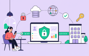VPN d'entreprise : télétravailleur relié aux bureaux par un tunnel sécurisé