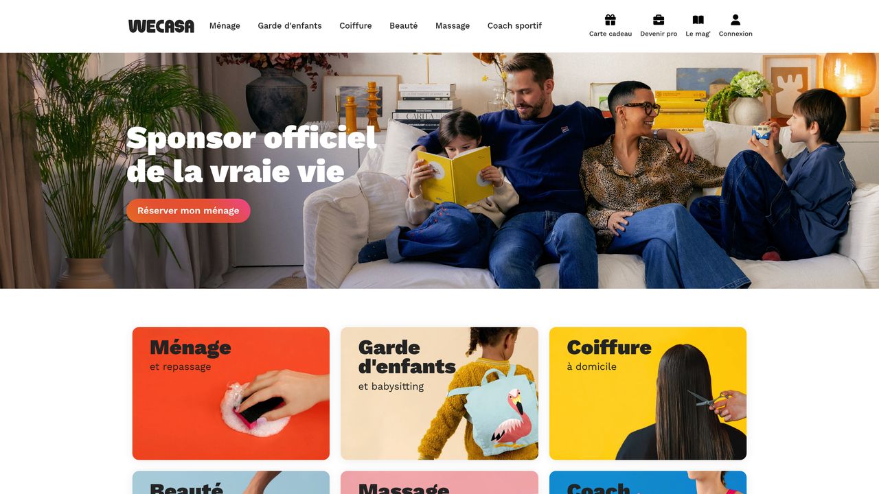 Page d'accueil de Wecasa, plateforme de services à domicile qui applique le prélèvement à la source en avance