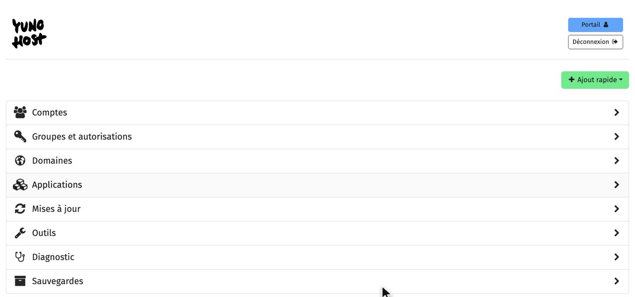 Tableau de bord de l'administration YunoHost : comptes, domaines, applications, sauvegardes