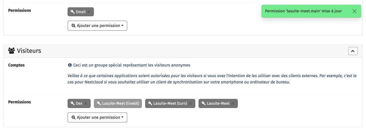 Groupe Visiteurs de YunoHost avec la permission Lasuite-Meet ajoutée pour ouvrir Visio aux invités
