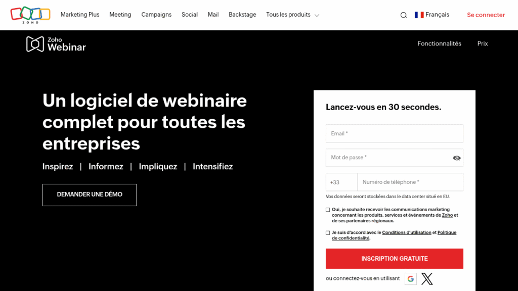 Capture d'écran de Zoho Webinar